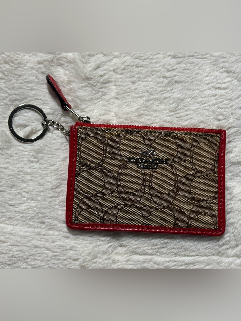 Coach Signature Jacquard Mini Skinny ID Case/Key Ring in Brown/Red